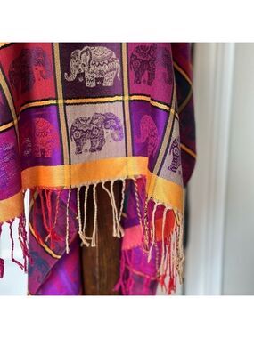 Pashmina Cashmere Scarf/Shawl/Wrap Purple, Pink, Gold, Dark Teal with Elephants